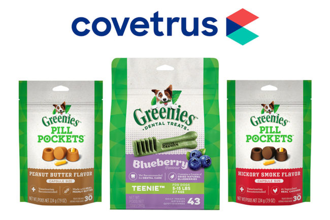 Covetrus logo and GREENIES products