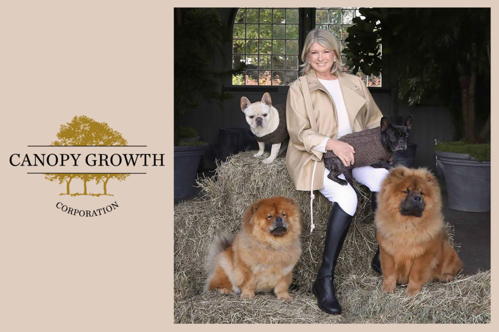 Canopy Growth logo; Martha Stewart with her four dogs