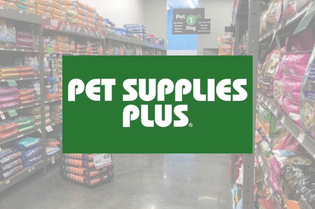 Pet Supplies Plus logo overlaid on photo of dog food aisle