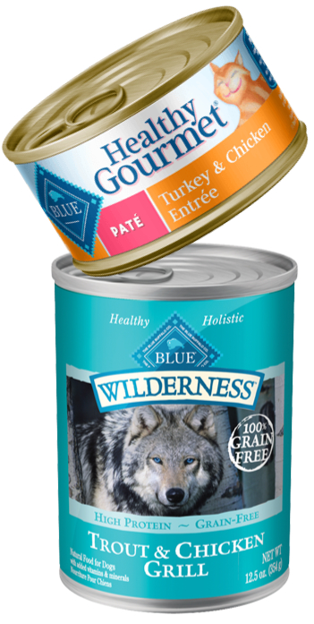 Blue Buffalo cat and dog food cans stacked