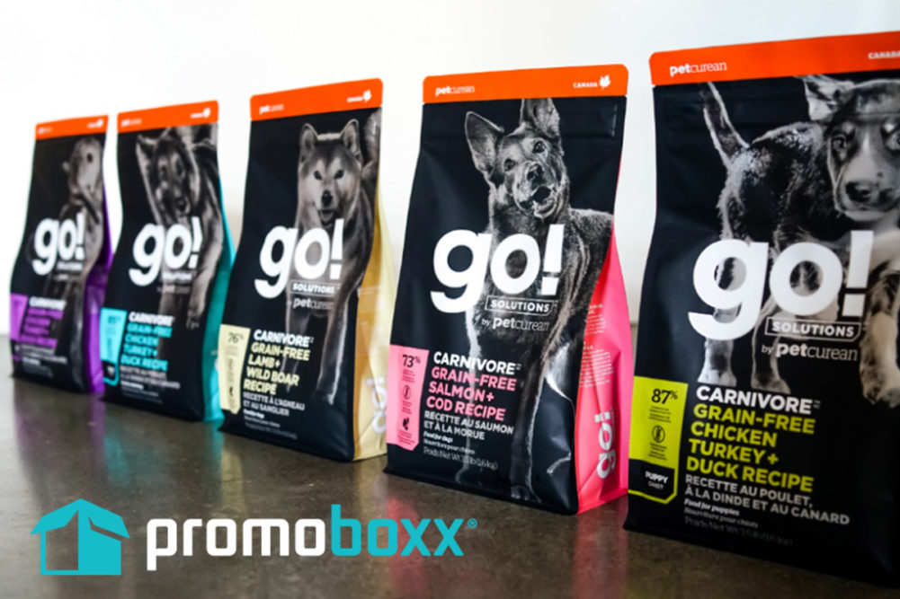 Petcurean GO! dog food products and Promoboxx logo