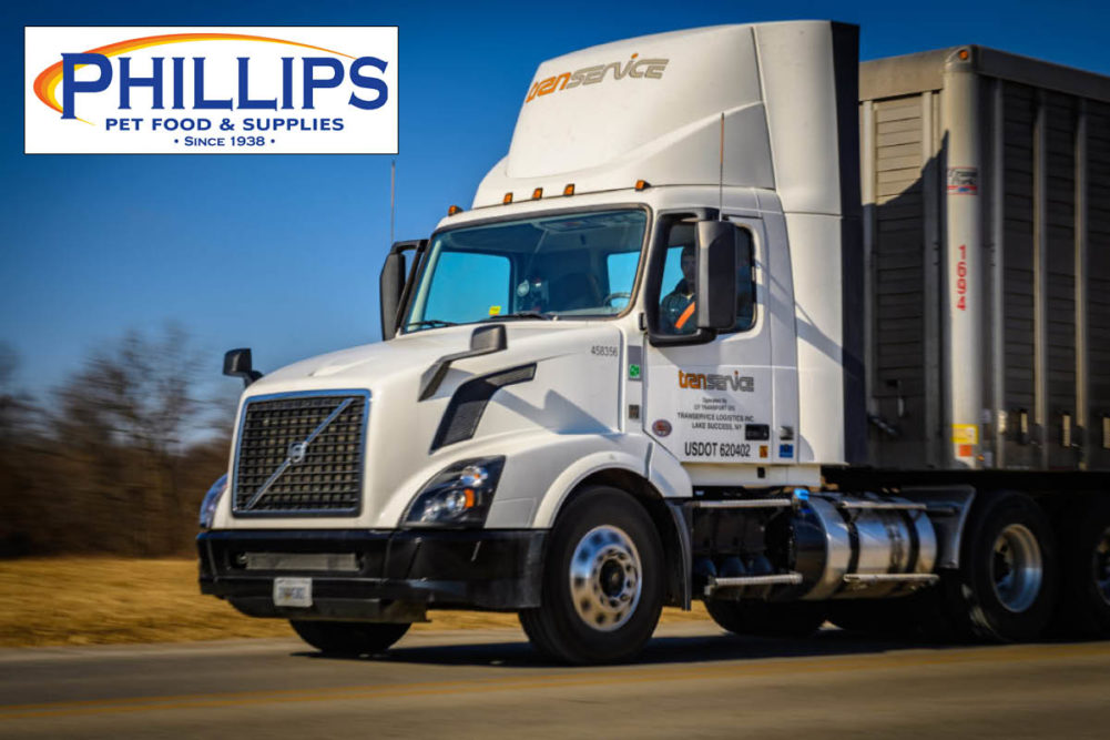 Transervice Logistics distribution truck with Phillips Pet Food & Supplies logo