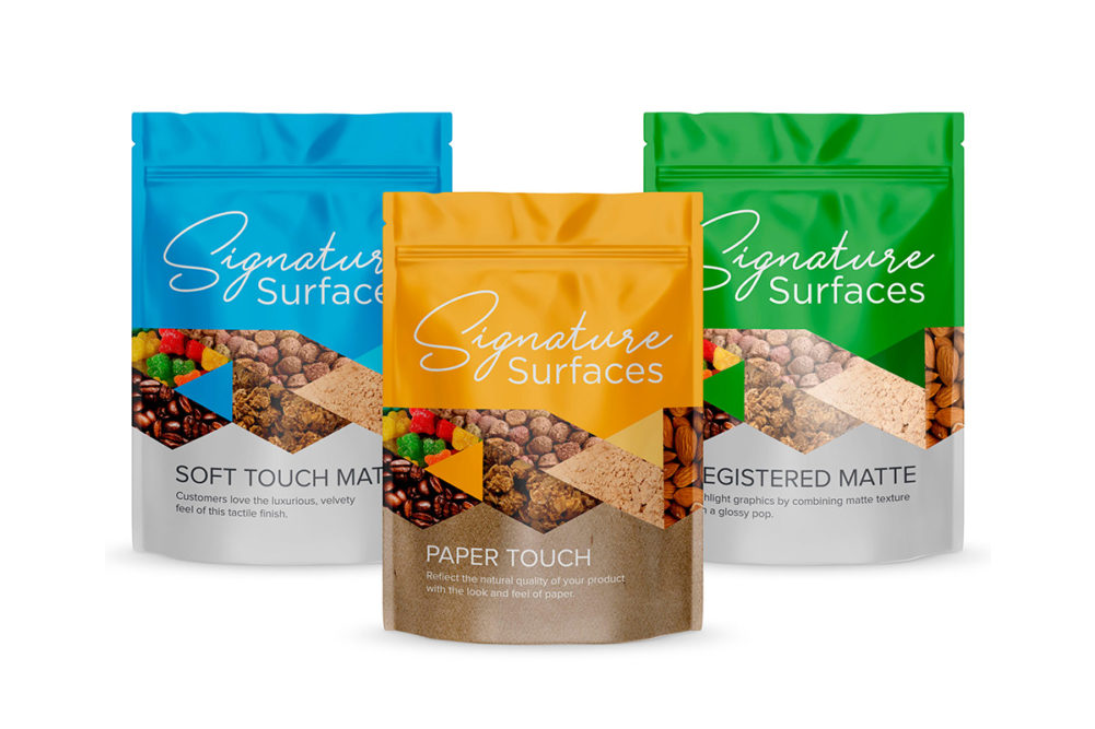 ProAmpac Signature Surfaces flexible packaging line: Soft Touch Matte, Paper Touch and Registered Matte