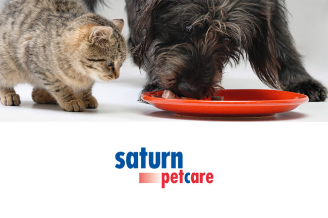 Saturn Petcare logo, dog and cat eating