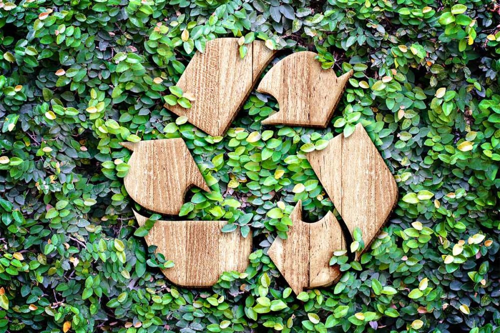 Wooden recycling symbol on green leaves (©STOCKR - STOCK.ADOBE.COM)