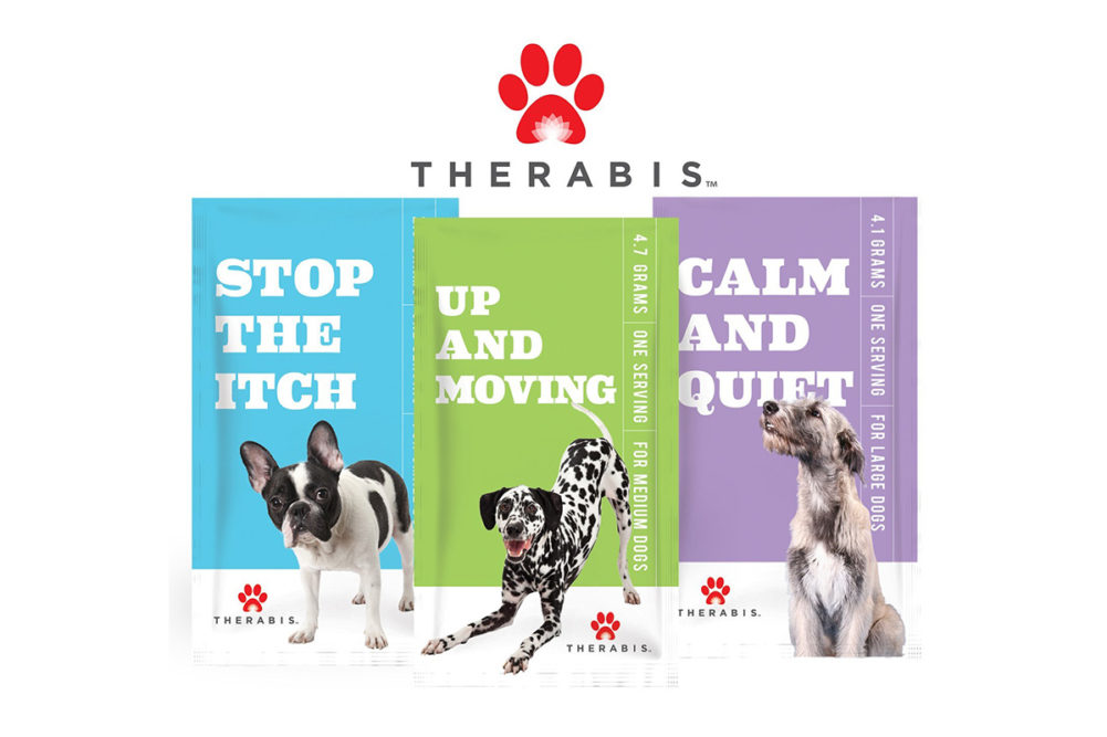 Therabis pet wellness supplements, "Stop the itch," "Up and moving" and "Calm and quiet."