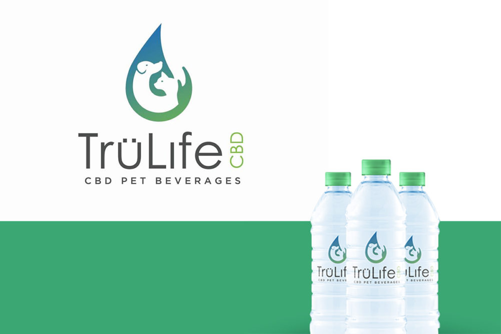 TruLife CBD logo and pet beverage in water bottles