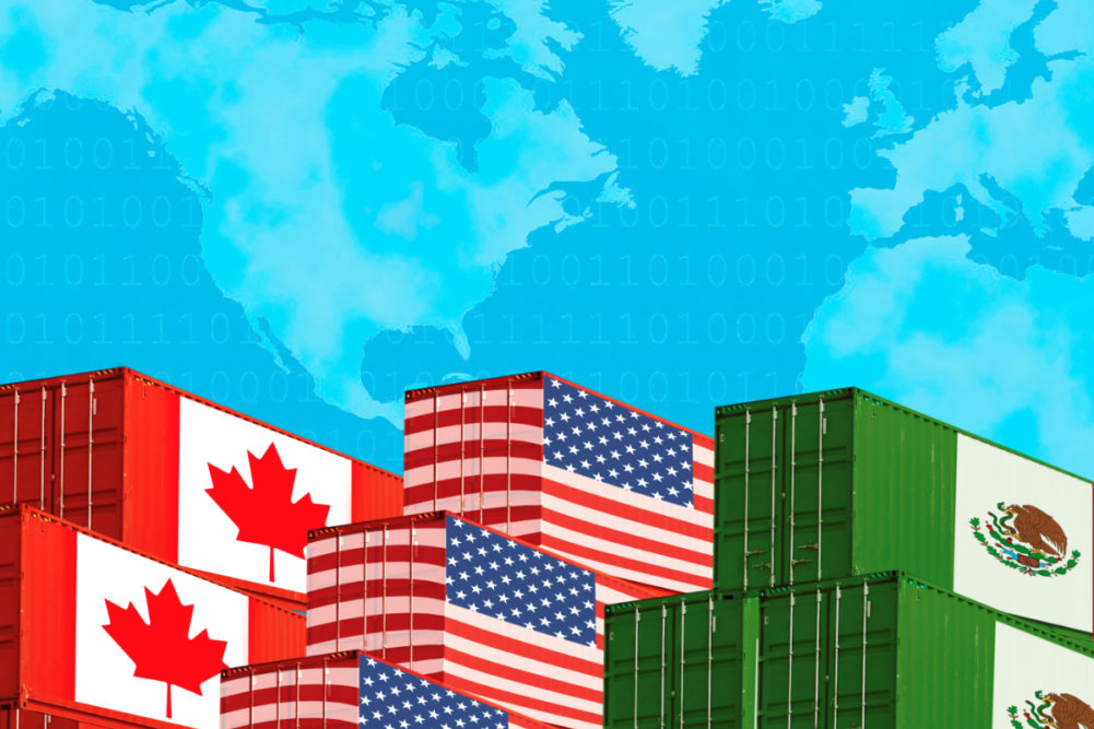 US, Mexico and Canada cargo stacked before map of North America (©STOCKR - STOCK.ADOBE.COM)