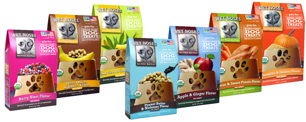 Wet Noses Grain-Free dog treats; berry blast, peanut butter and banana, hemp seed and banana, peanut butter and molasses, apple and ginger, carrot and sweet potato, and pumpkin and quinoa
