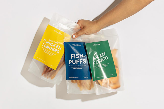 Wild One single-ingredient dog treats: Chicken Tenders, Fish Puffs and Sweet Potatoes